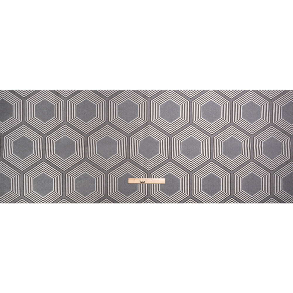 Silver, Charcoal and Gray Reverberating Hexagons Polyester Jacquard
