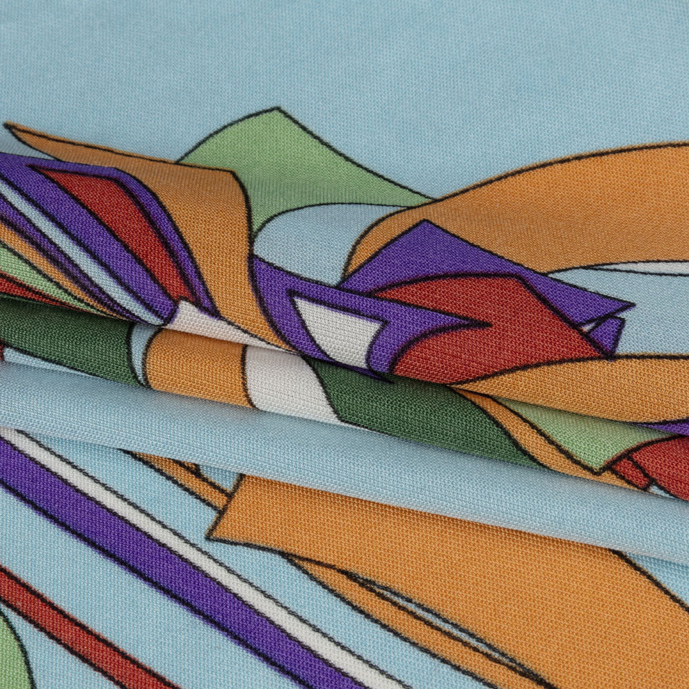 Aqua, Purple and Green Geometric Explosions Silk Jersey