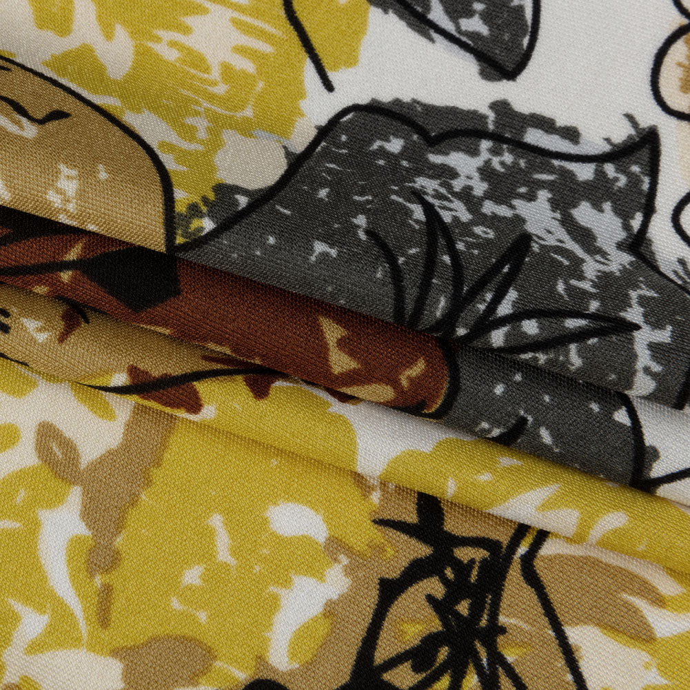 Yellow, Gold and Gray Loose Flowers and Leaves Silk Jersey