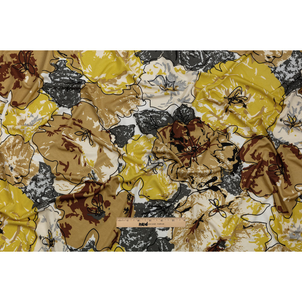 Yellow, Gold and Gray Loose Flowers and Leaves Silk Jersey