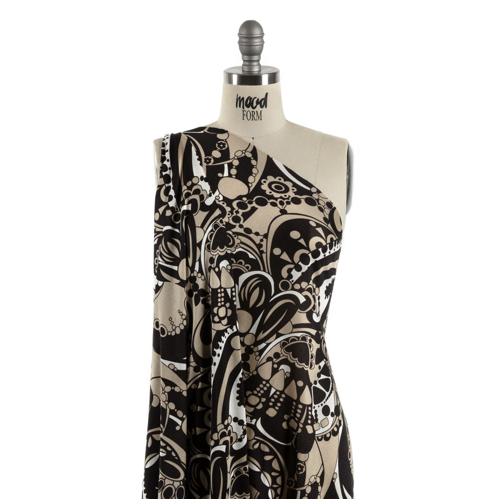 Chocolate, Tan and Whisper White Retro Flowers and Circles Silk Jersey