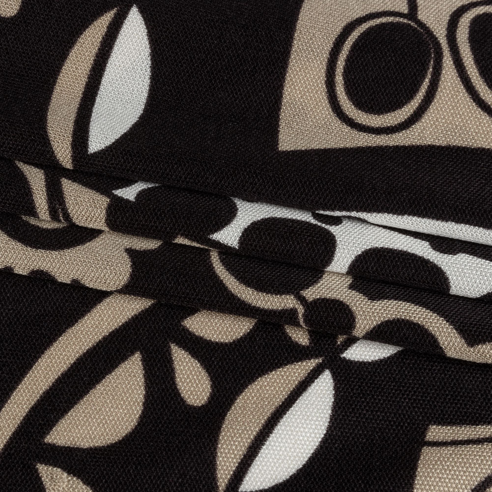 Chocolate, Tan and Whisper White Retro Flowers and Circles Silk Jersey