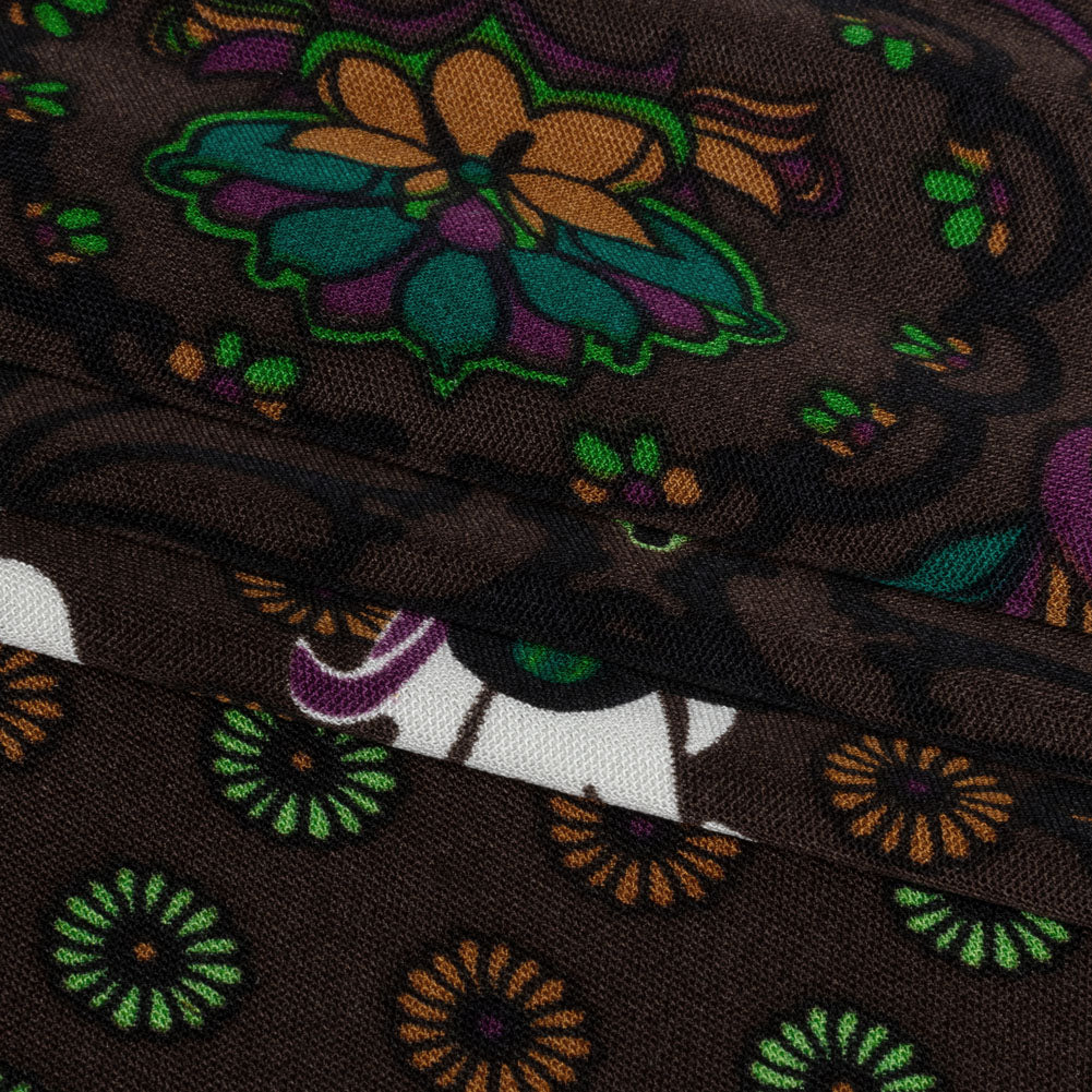 Brown, Green and Plum Waterlilies and Irises Border Silk Jersey