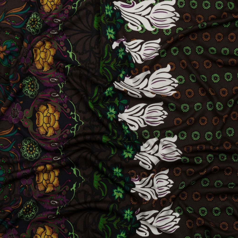 Brown, Green and Plum Waterlilies and Irises Border Silk Jersey