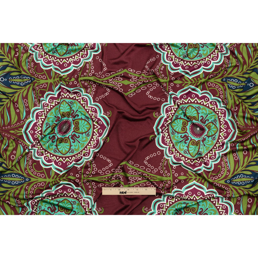 Burgundy, Green and Navy Palm Leaf Mandalas and Classical Stripe Border Silk Jersey