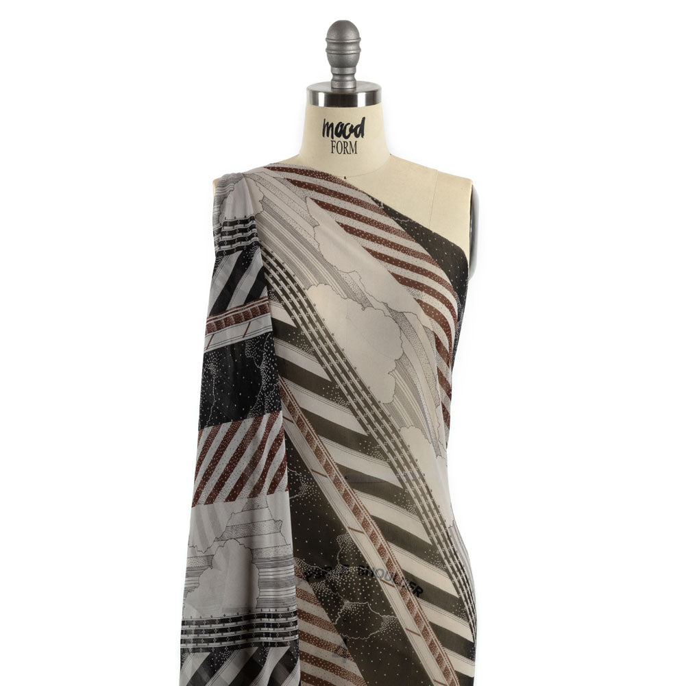 Black, Brown and Gray Clouds and Stripes Silk Chiffon