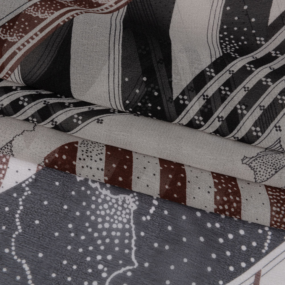 Black, Brown and Gray Clouds and Stripes Silk Chiffon