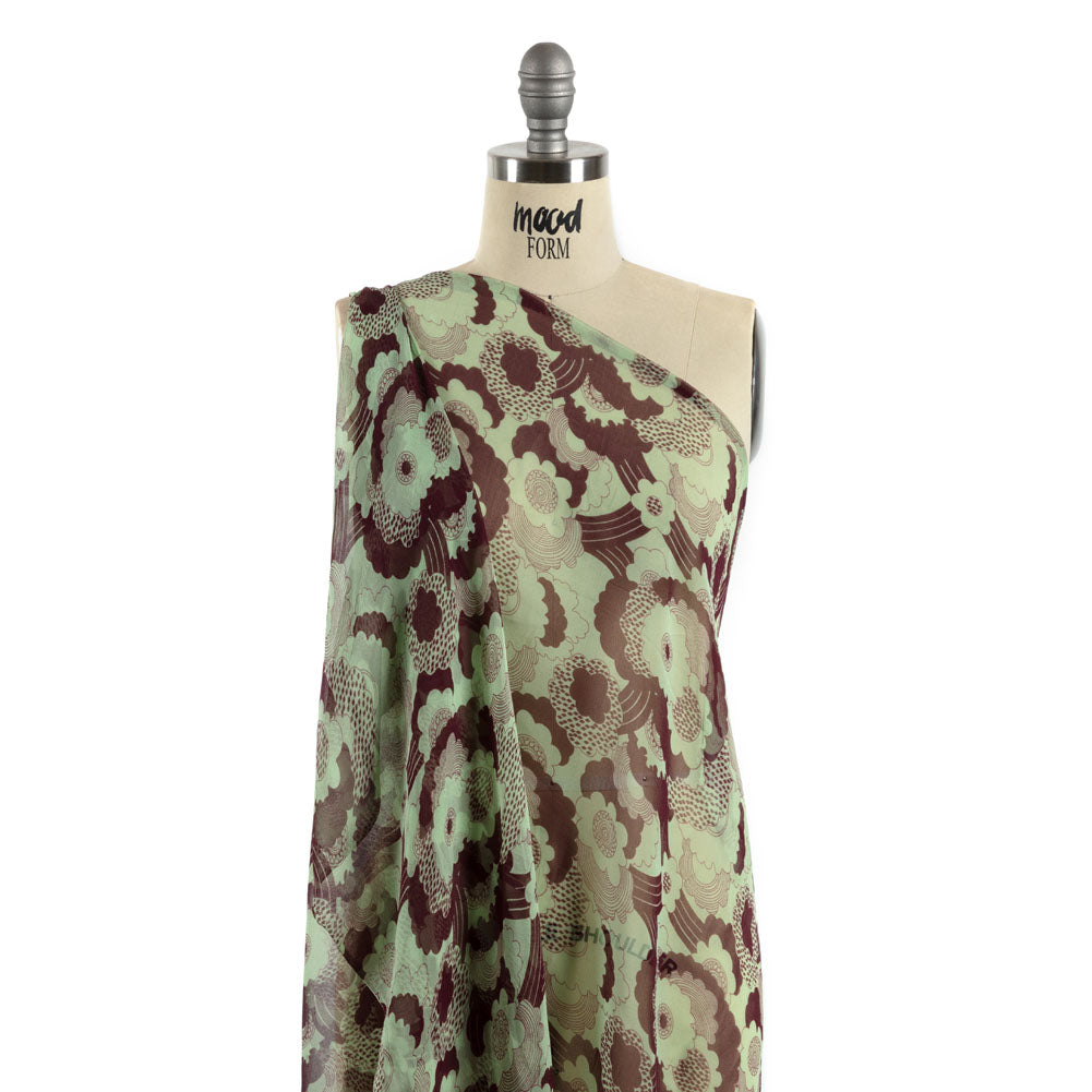 Chocolate and Mint Flowers in the Sky Silk Chiffon