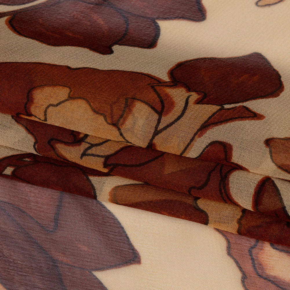 Brown and Tan Painted Flowers Silk Chiffon