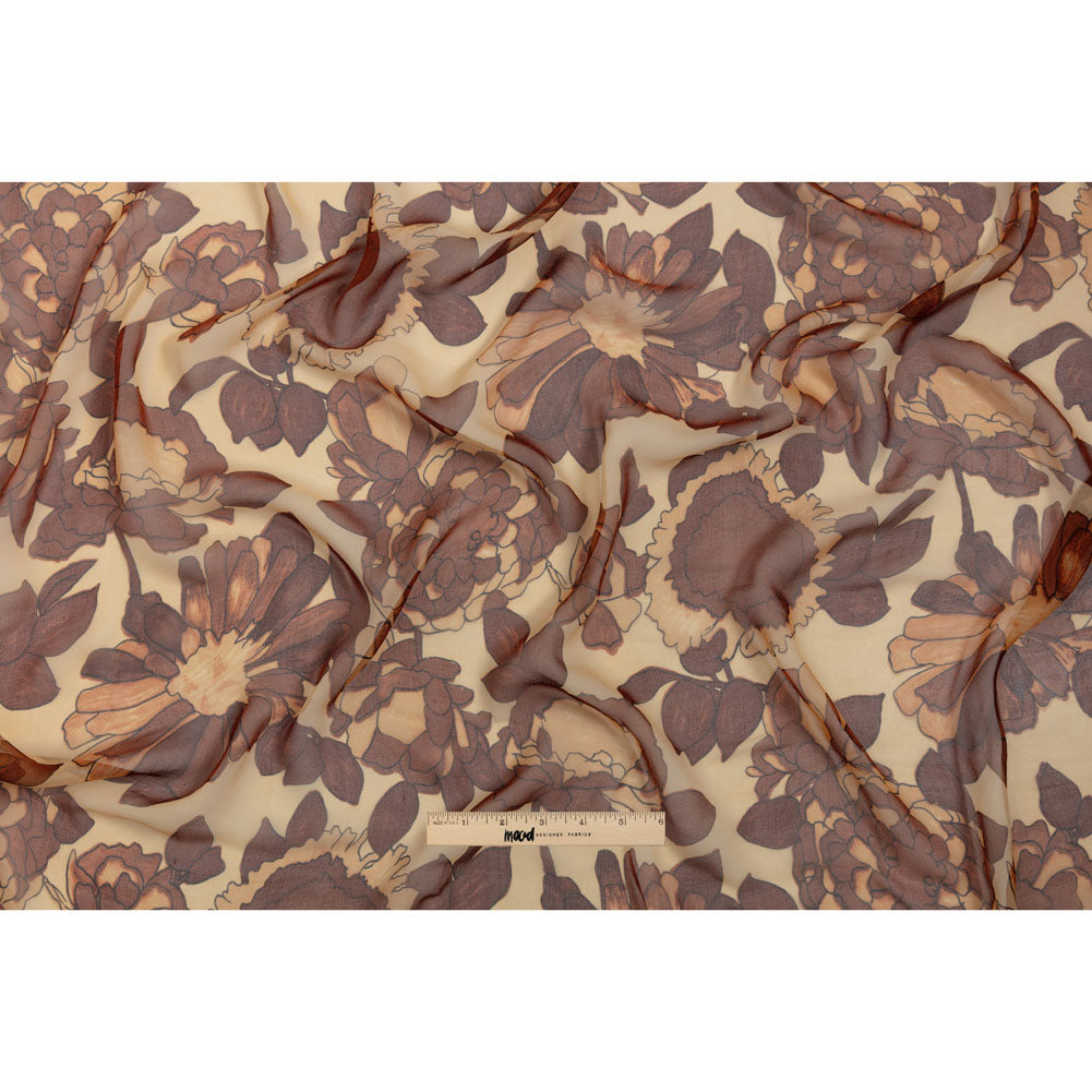 Brown and Tan Painted Flowers Silk Chiffon