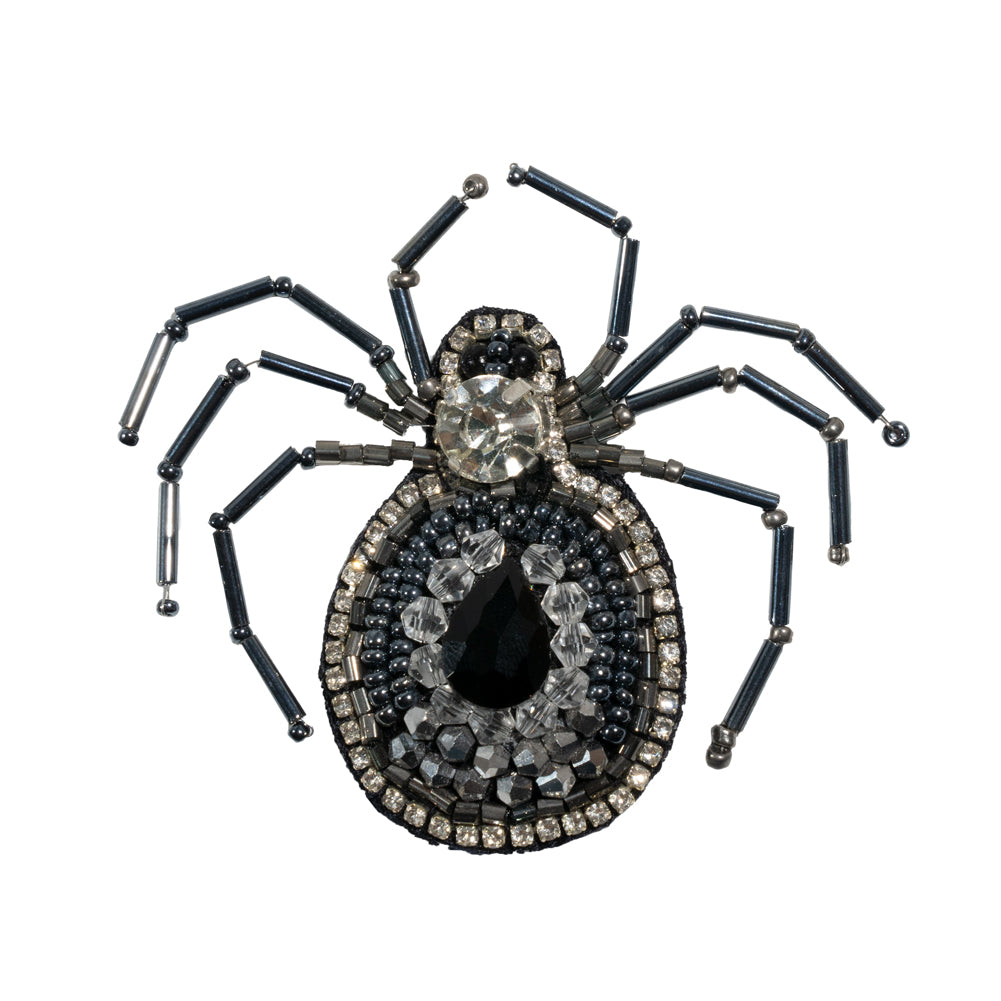Crystal, Gunmetal and Iron Spider Rhinestone and Glass Beaded Applique - 2.625" X 2.875"
