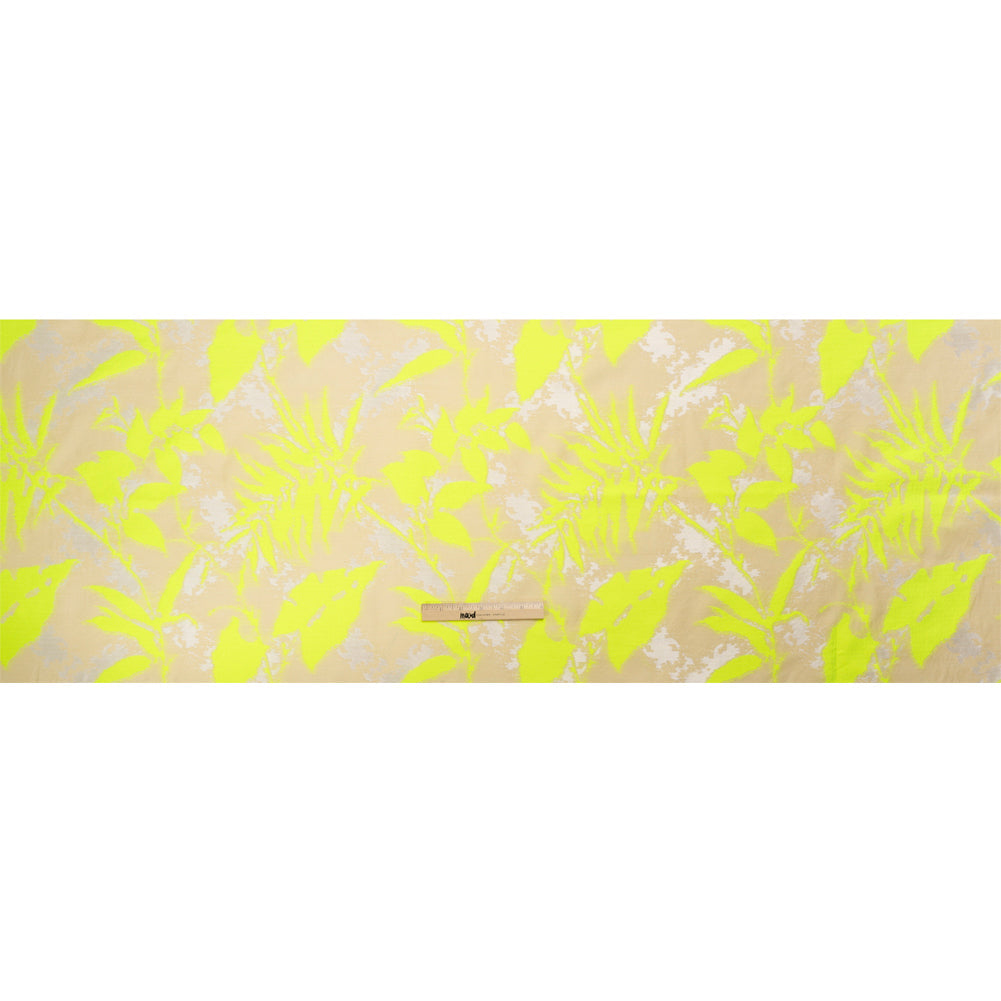 Neon Yellow, White and Beige Soft Leaves Lightweight Polyester and Viscose Luxury Brocade