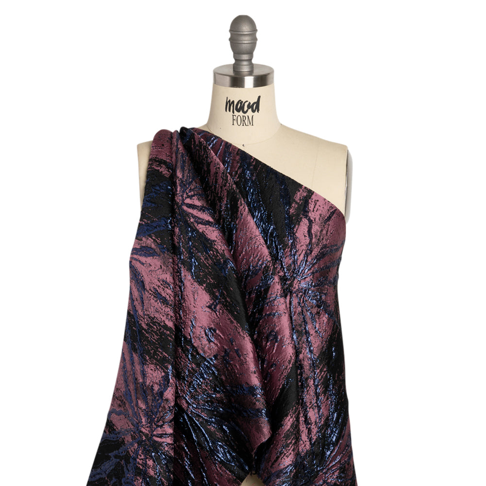 Metallic Midnight, Dark Mauve and Black Exploding Flowers and Brushstrokes Luxury Brocade
