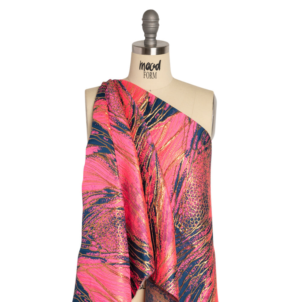 Metallic Gold, Hot Pink and Dark Teal Organic Abstractions Luxury Brocade