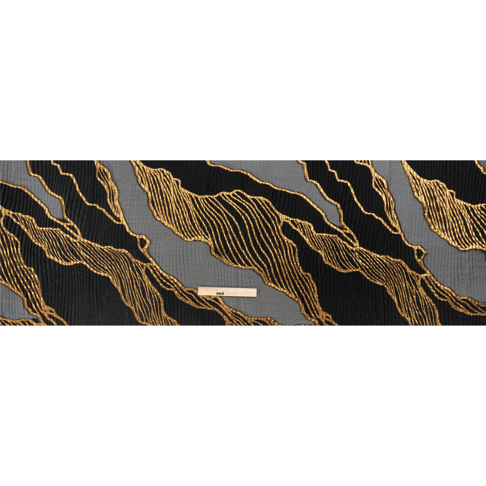 Metallic Gold and Black Abstract Formations Ribbed Burnout Luxury Brocade