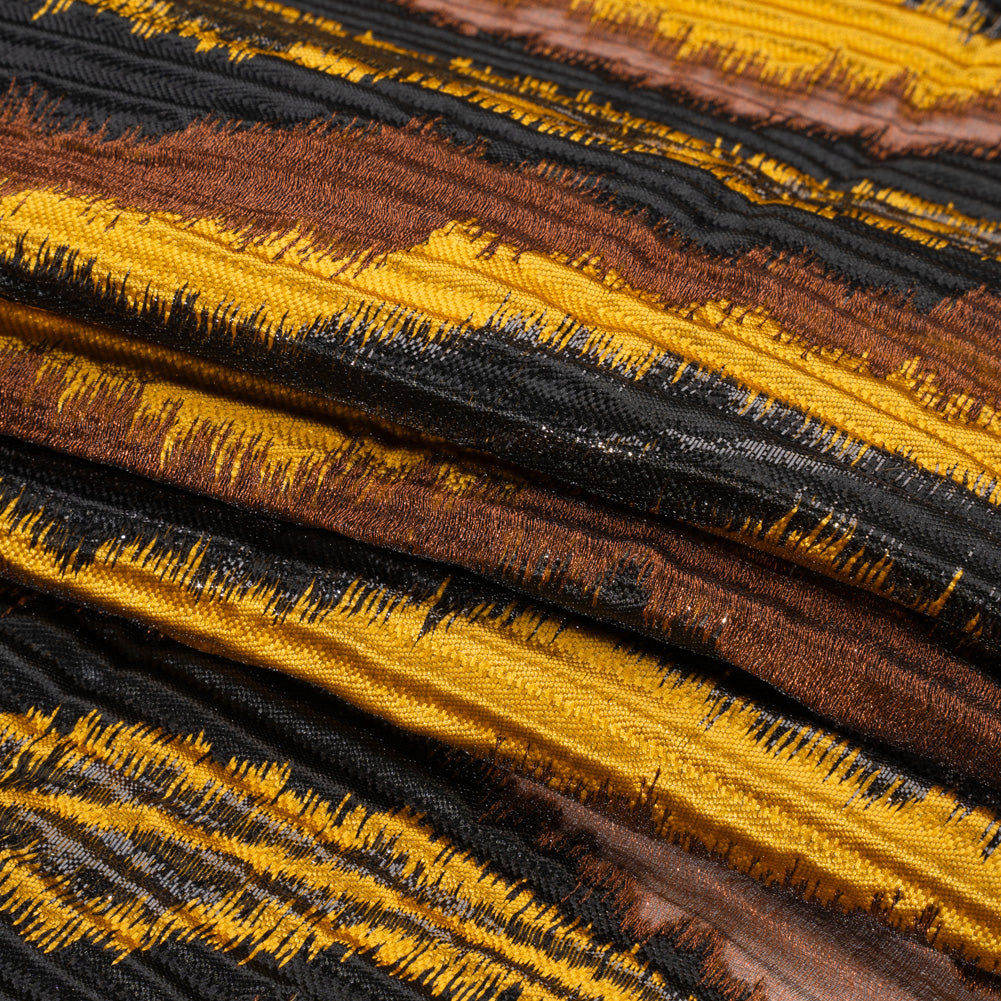 Metallic Brown, Mustard and Black Abstract Islands Ribbed Burnout Luxury Brocade