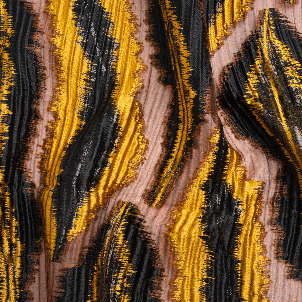 Metallic Brown, Mustard and Black Abstract Islands Ribbed Burnout Luxury Brocade