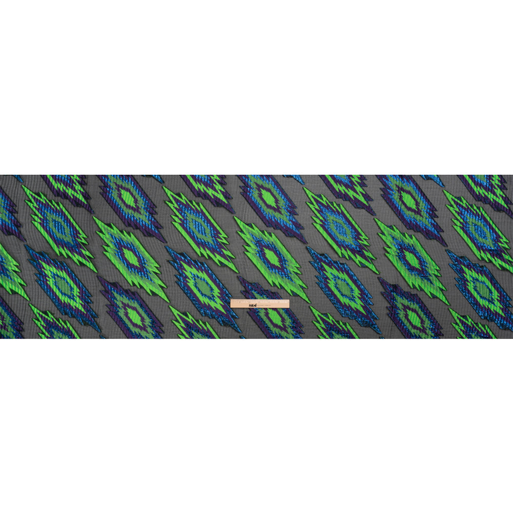 Metallic Blue, Purple and Lime Exploding Stars Ribbed Luxury Burnout Brocade
