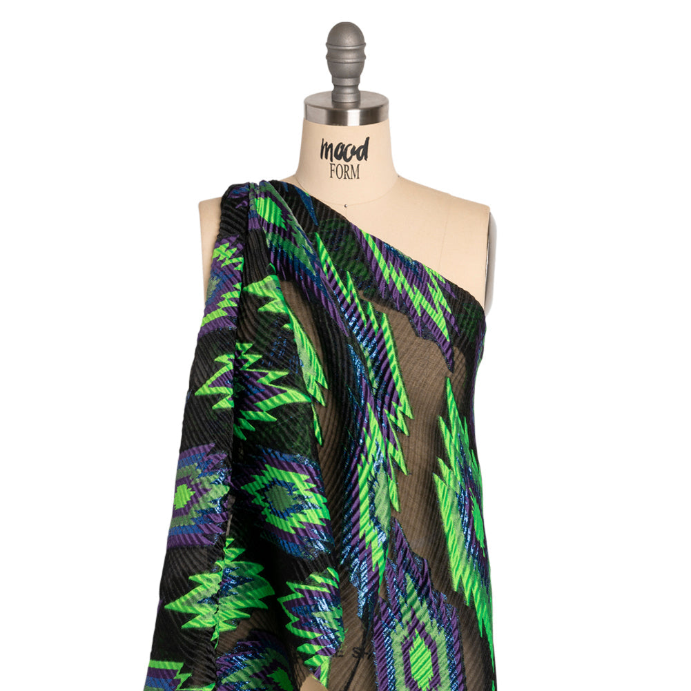 Metallic Blue, Purple and Lime Exploding Stars Ribbed Luxury Burnout Brocade