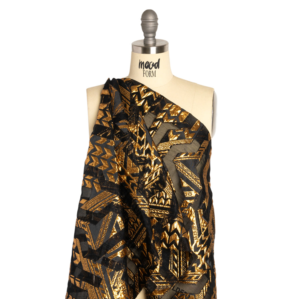 Metallic Gold and Black Geometric Pathways Luxury Burnout Brocade