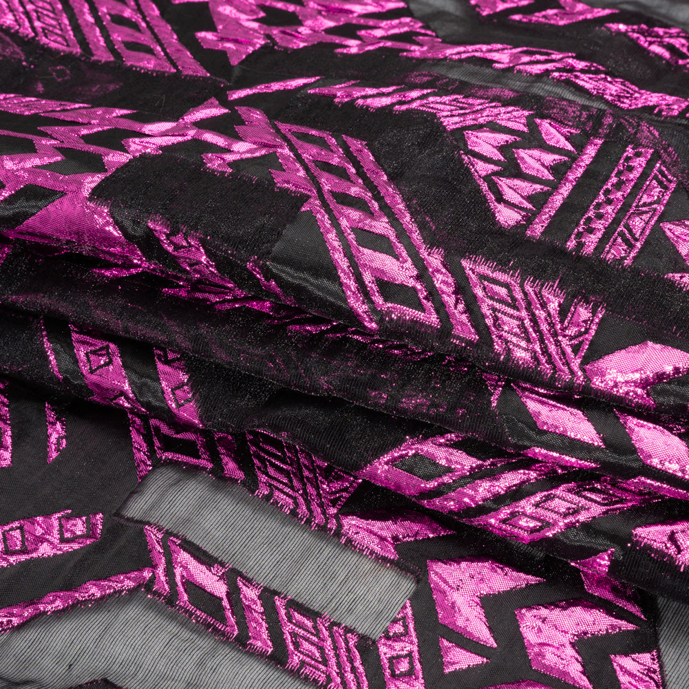 Metallic Fuchsia and Black Geometric Pathways Luxury Burnout Brocade