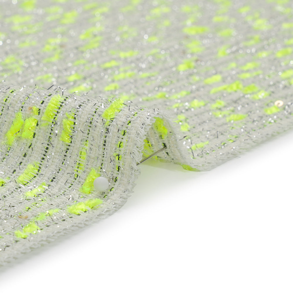 Chenille Woven with Sequins and Eyelash Fringe - White, Neon Yellow and Metallic Silver