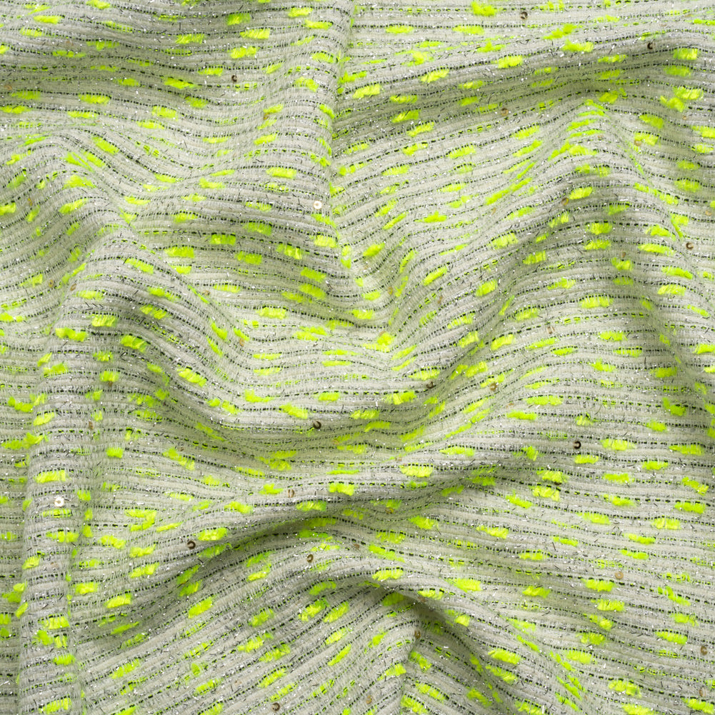 Chenille Woven with Sequins and Eyelash Fringe - White, Neon Yellow and Metallic Silver