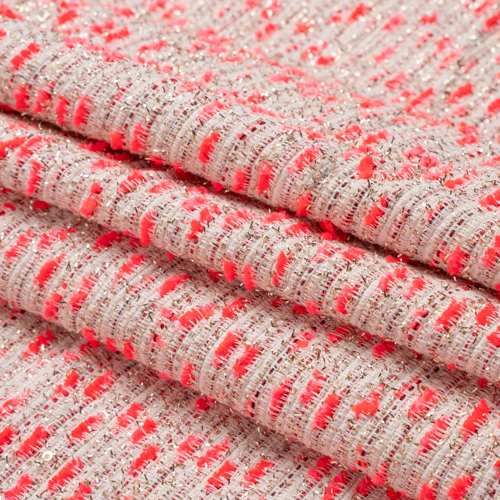 Chenille Woven with Sequins and Eyelash Fringe - White, Neon Pink and Metallic Gold