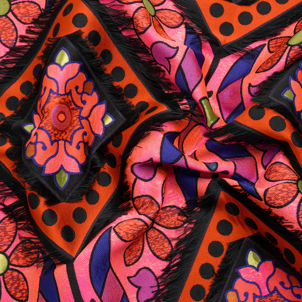 Hot Pink, Blue and Black Flowers and Fringed Diamonds Metallic Brocade