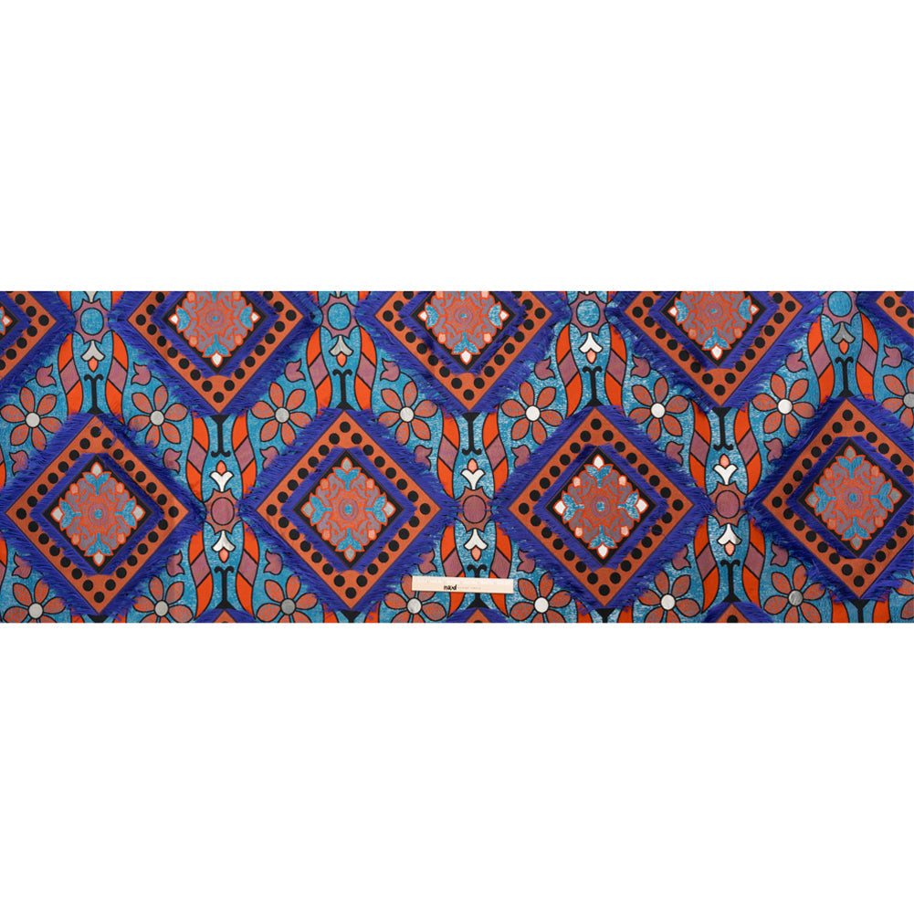 Teal, Orange and Blue Flowers and Fringed Diamonds Metallic Brocade