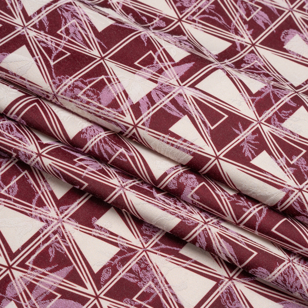 Stretch Flowers and Cranes Jacquard Print - Burgundy and White Triangles - Mood Exclusive Take Flight
