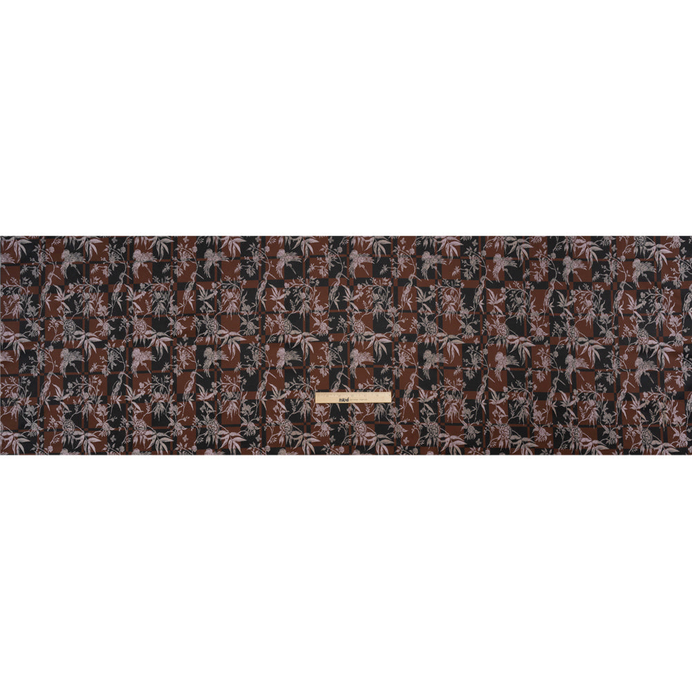 Stretch Flowers and Cranes Jacquard Print - Brown and Black Plaid - Mood Exclusive Long Live