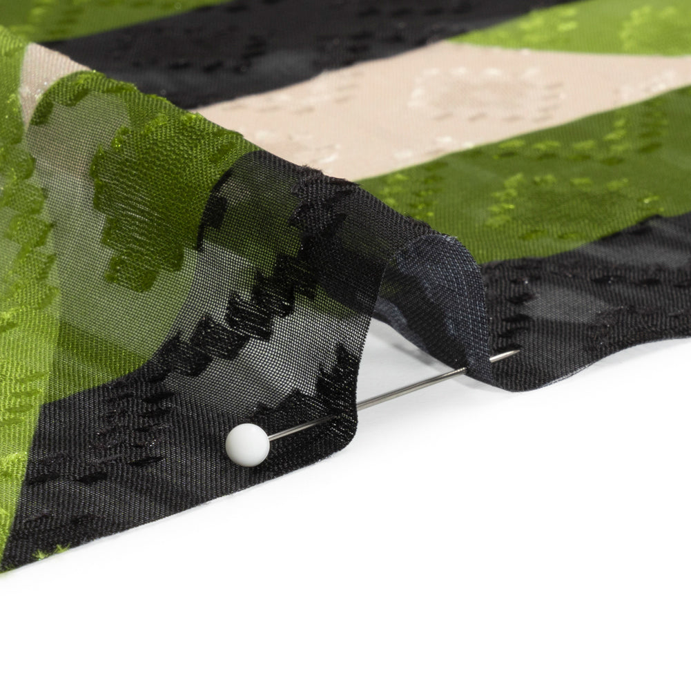 Geometric Burnout Polyester Woven Print - Green Hexagon Stripes - Mood Exclusive Archers Cay