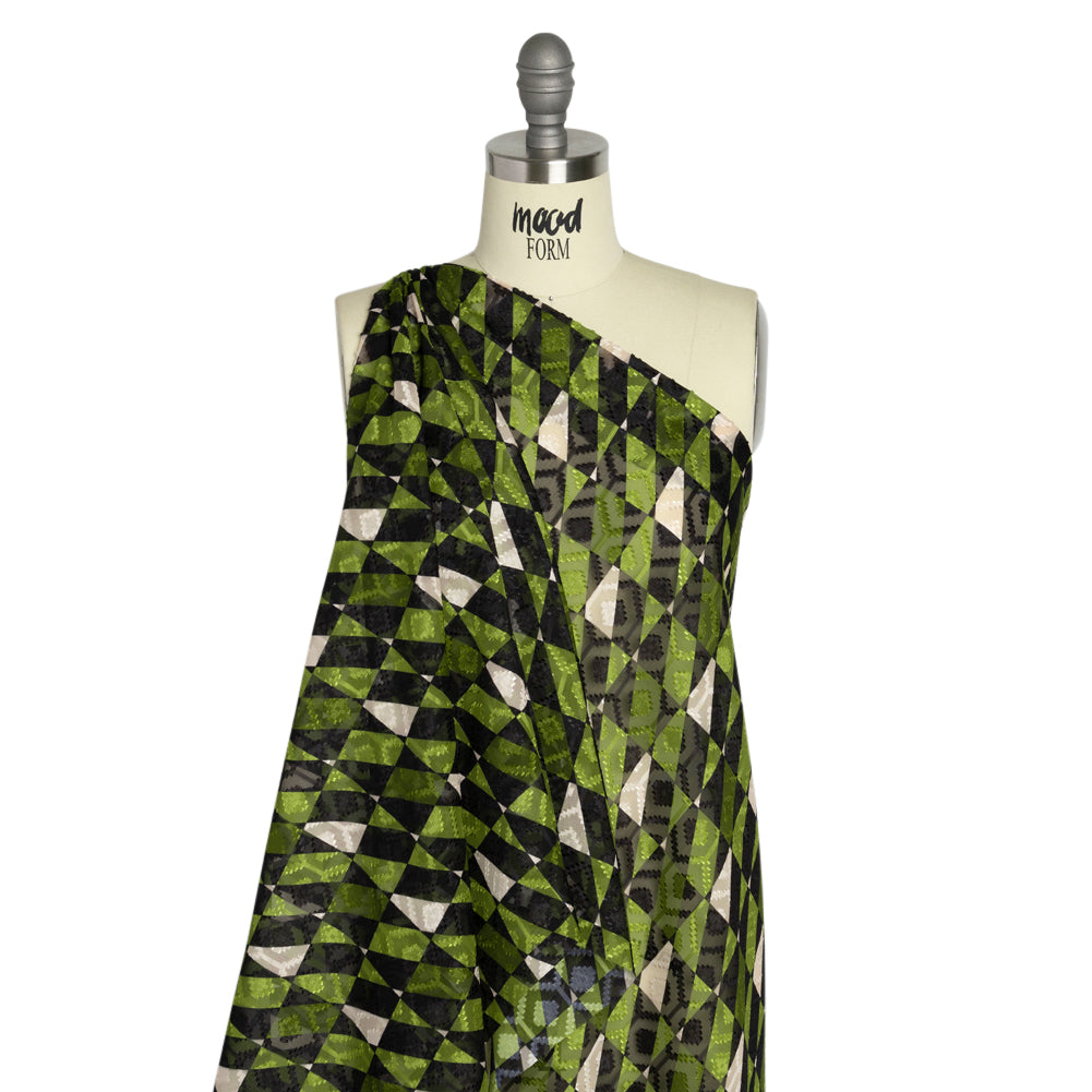 Geometric Burnout Polyester Woven Print - Green Divided Squares - Mood Exclusive Healthshire Hills