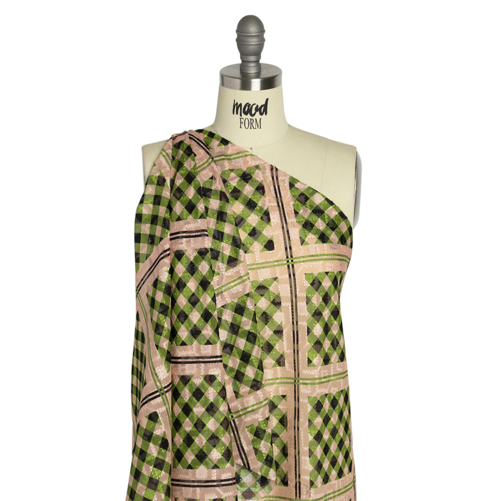 Geometric Burnout Polyester Woven Print - Leaf Green Gingham Plaid - Mood Exclusive Al Fresco Feast