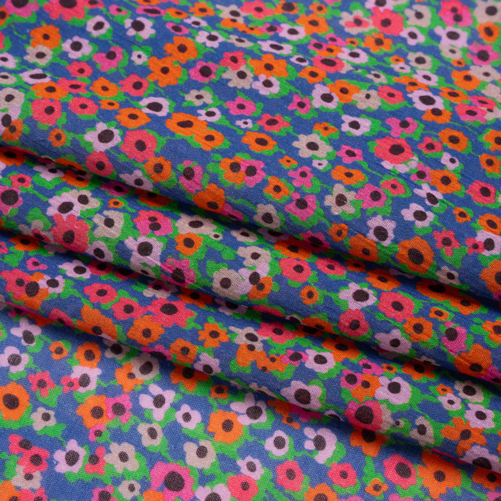 Crinkled Cotton Gauzy Woven Print - Hot Pink, Orange and Blue Floral - Mood Exclusive Bed of Begonias