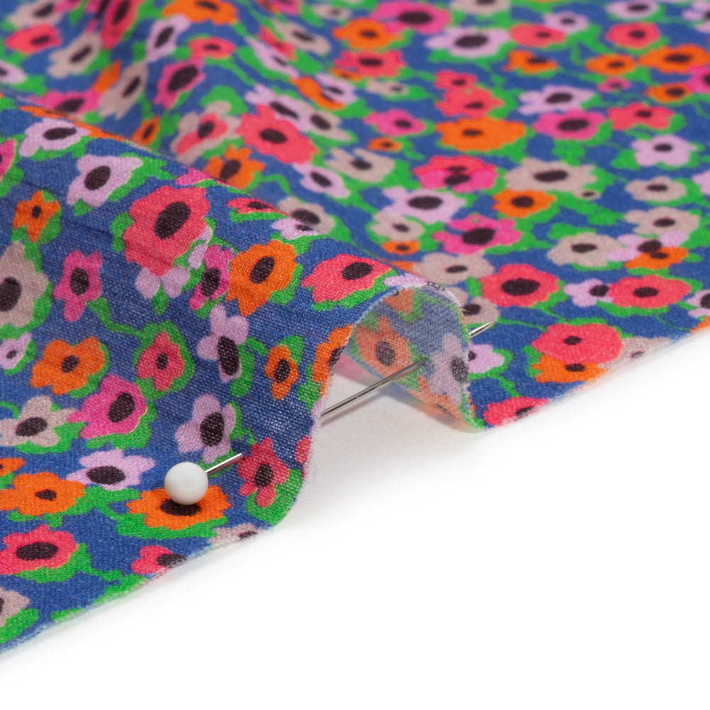 Crinkled Cotton Gauzy Woven Print - Hot Pink, Orange and Blue Floral - Mood Exclusive Bed of Begonias