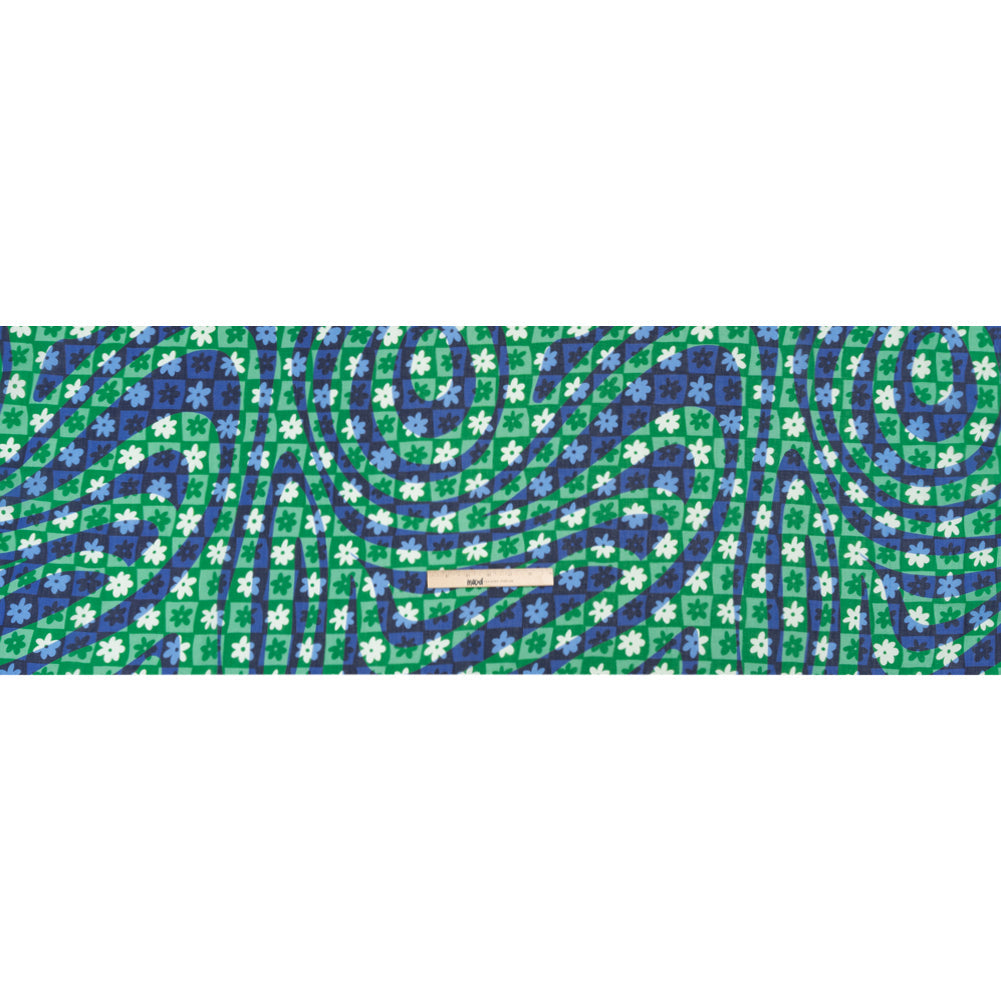 Crinkled Cotton Gauzy Woven Print - Green and Blue Flowers and Swirls on Checks - Mood Exclusive Gardener's Game