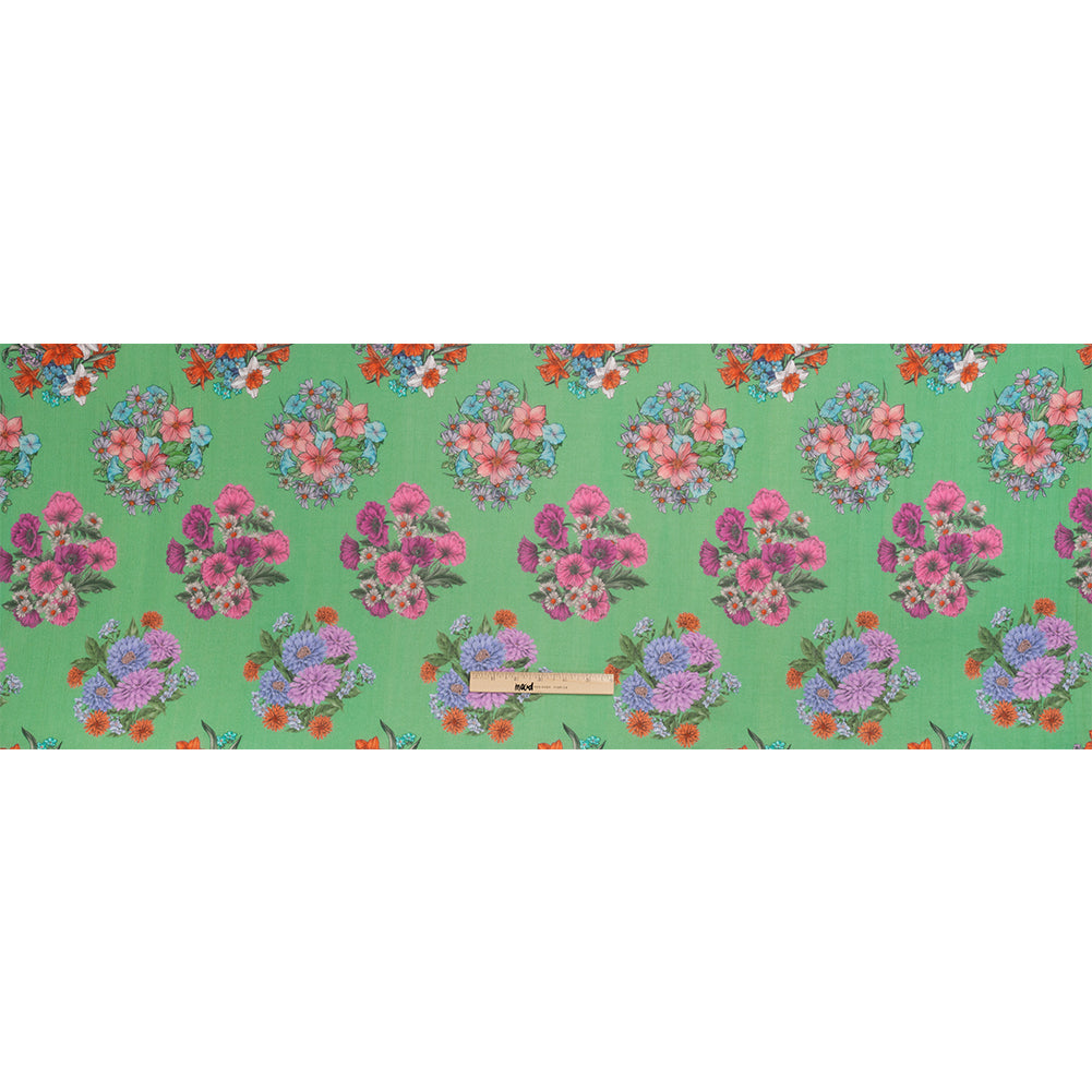 Crinkled Cotton Gauzy Woven Print - Green and Pink Floral Bunches - Mood Exclusive Flower Shoppe