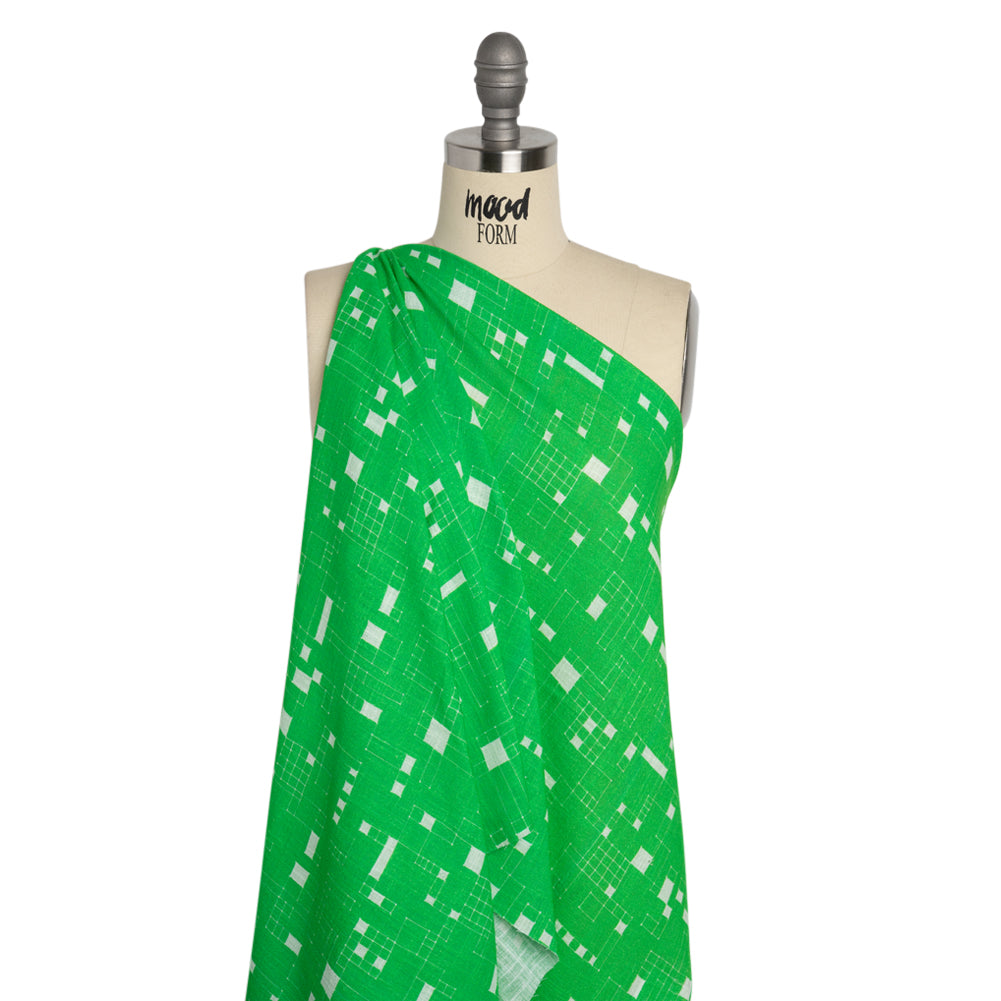 Slubbed Gauzy Cotton Woven Print - Kelly Green Geometric Squares - Mood Exclusive Blocked In