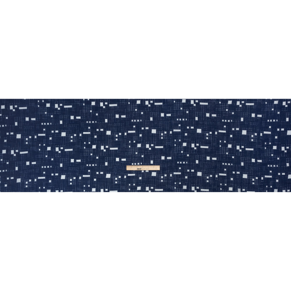 Slubbed Gauzy Cotton Woven Print - Navy Geometric Squares - Mood Exclusive Blocked In