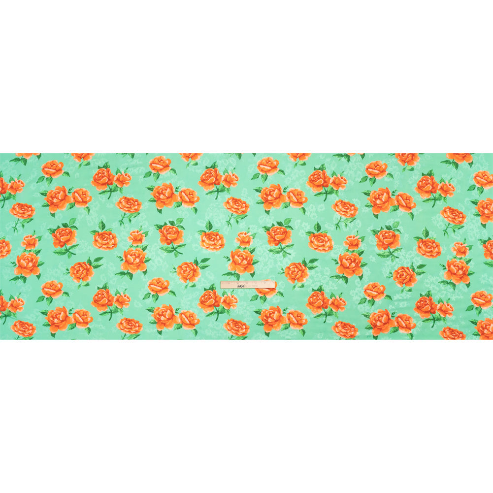 Floral Viscose Jacquard Print - Mint Green and Orange Floral - Mood Exclusive Robin's Egg Rose