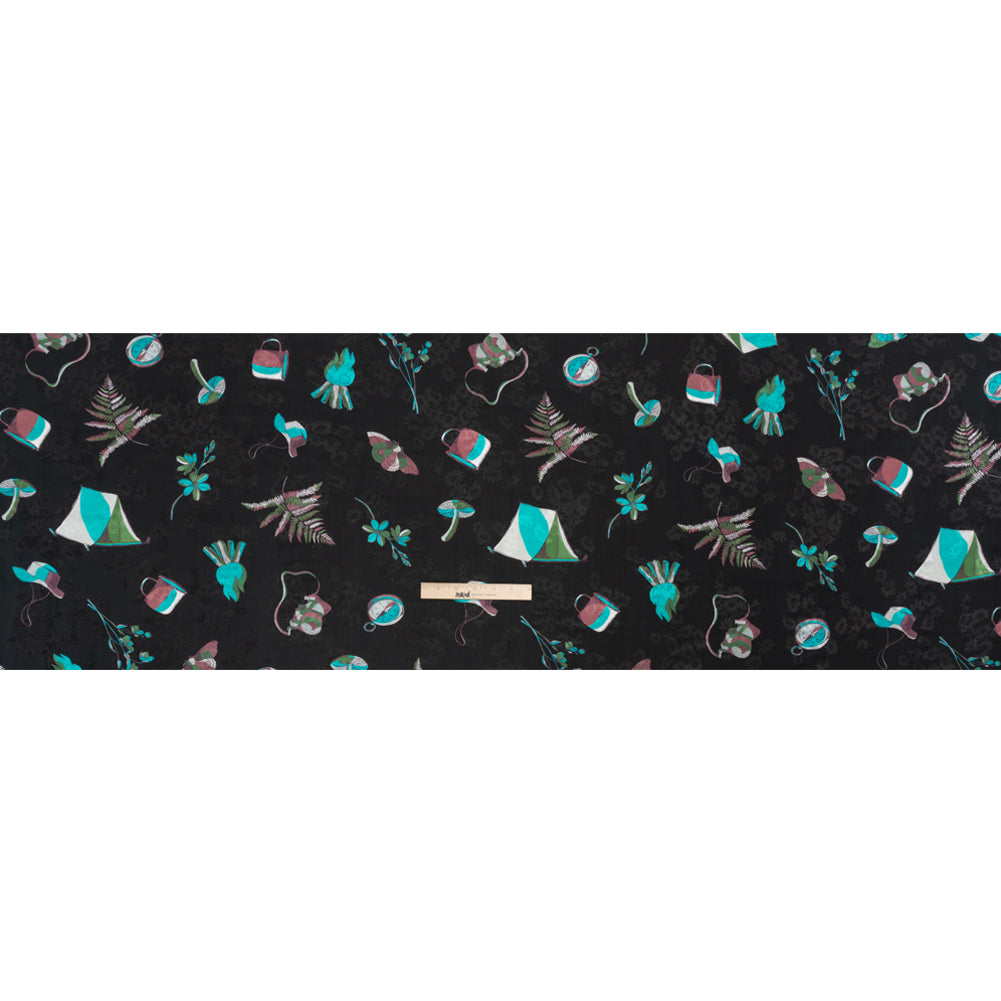 Floral Viscose Jacquard Print - Black, Blue and Red Camping Icons - Mood Exclusive Friend of Fern