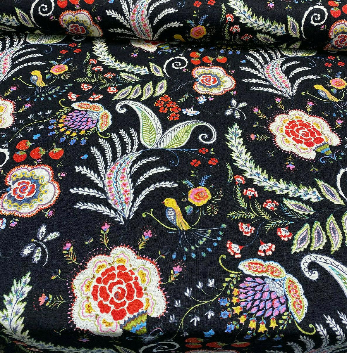 P Kaufmann Hidden Charms Linen Rayon Blend Fabric - Fiesta Black Birds And Berries Floral, 54" Width (By The Yard)