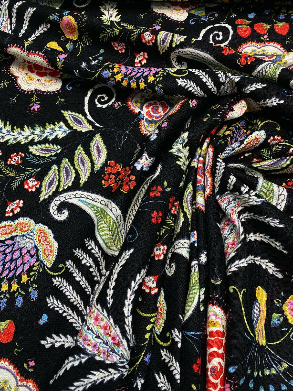 P Kaufmann Hidden Charms Linen Rayon Blend Fabric - Fiesta Black Birds And Berries Floral, 54" Width (By The Yard)