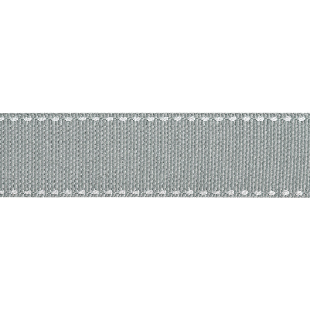 Grosgrain Ribbon with White Stitched Borders - Gray - 1"
