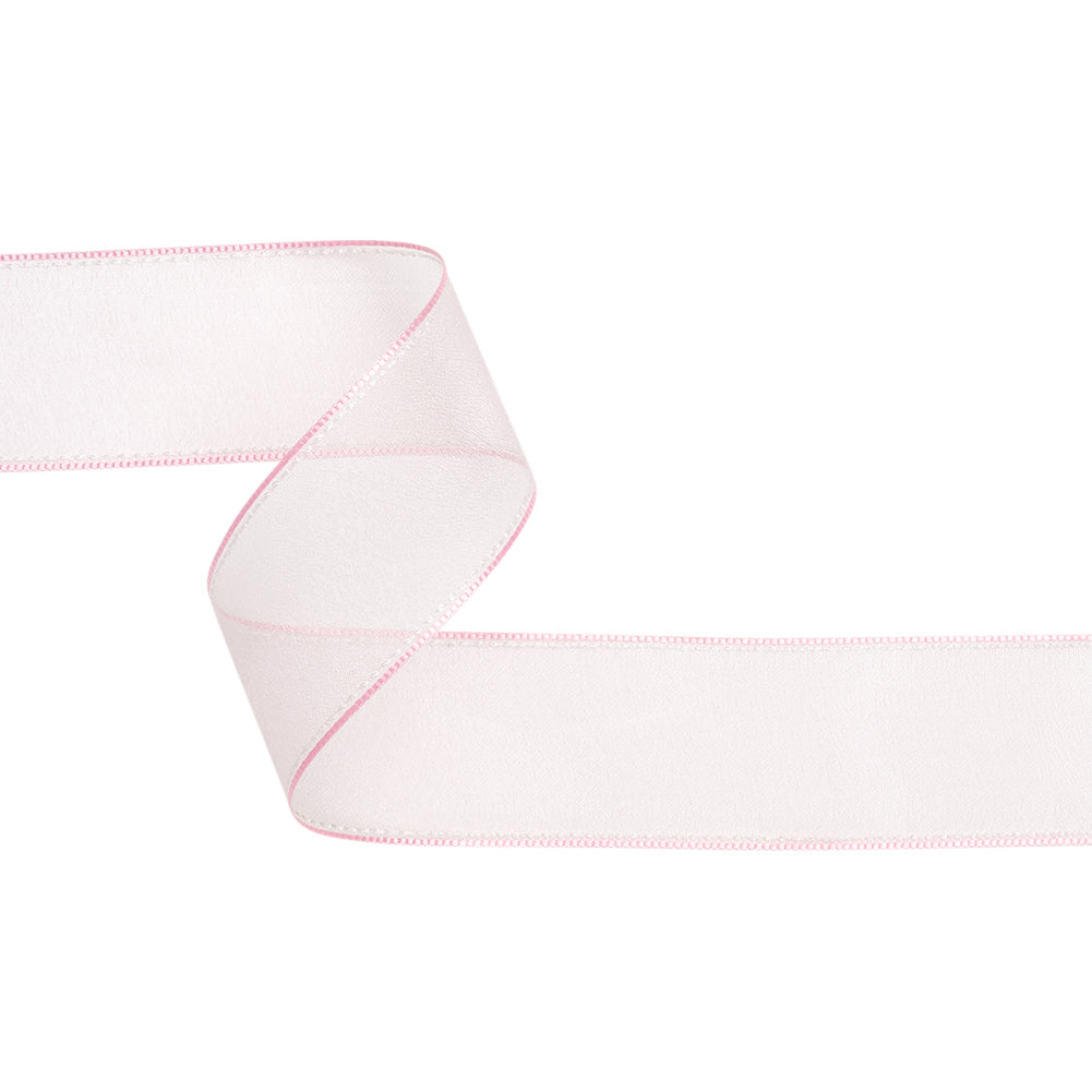 Sheer Ribbon with White Stitched Border - 1.625" - Pink