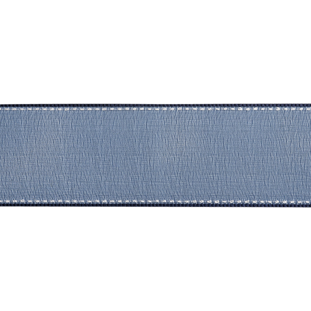 Sheer Ribbon with White Stitched Border - 1.5" - Navy