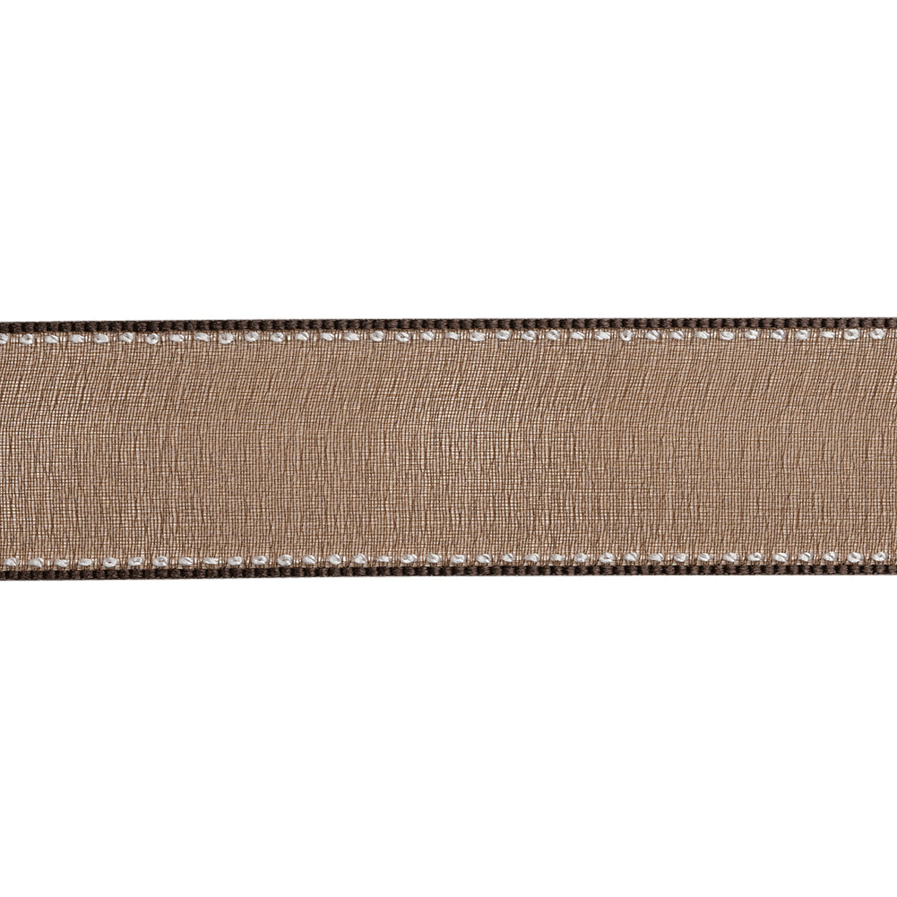 Sheer Ribbon with White Stitched Border - 1" - Brown