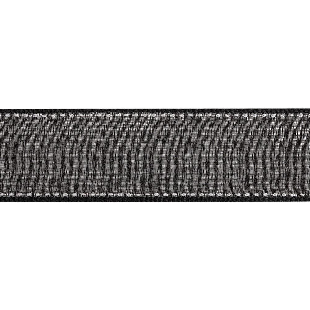 Sheer Ribbon with White Stitched Border - 1" - Black
